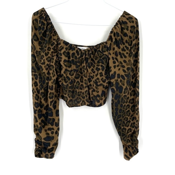 Mango Mng Leopard Animal Print Ruched Sleeve Smocked Back Top - Picture 4 of 9